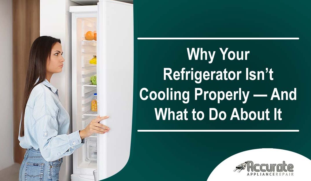Image of a woman opening and looking inside a refrigerator in a kitchen, featuring Accurate Appliance Repair and highlighting common reasons why a refrigerator isn’t cooling properly and what to do about it.
