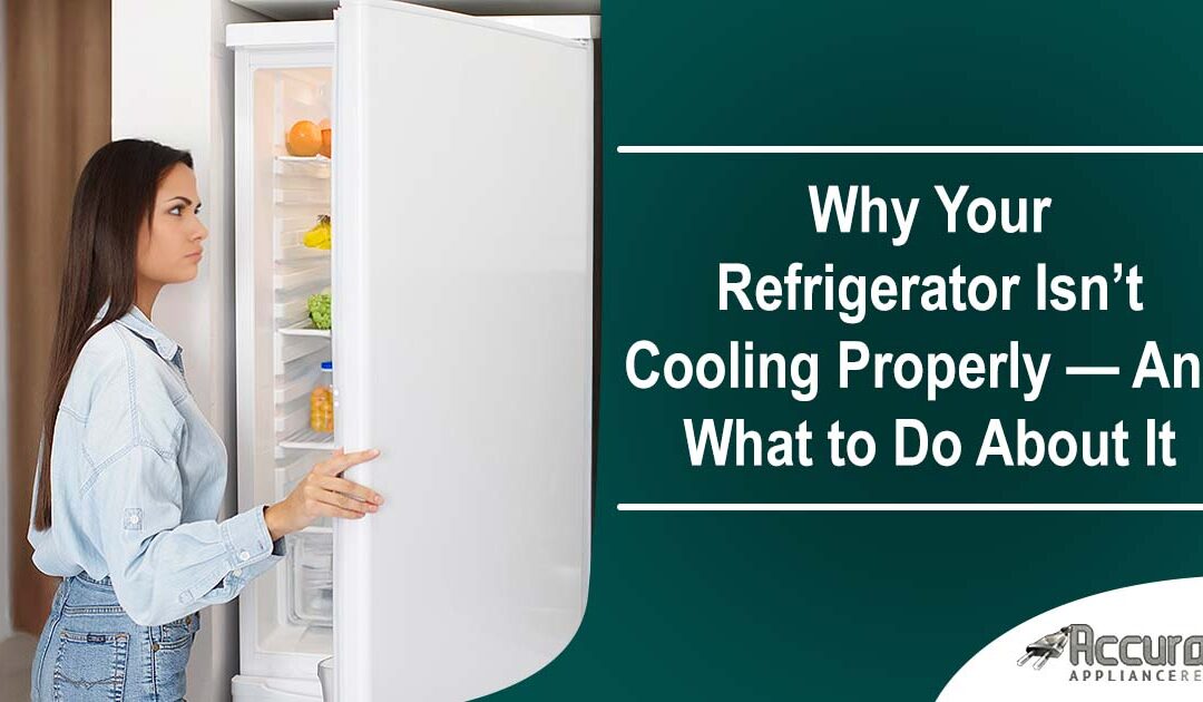 Image of a woman opening and looking inside a refrigerator in a kitchen, featuring Accurate Appliance Repair and highlighting common reasons why a refrigerator isn’t cooling properly and what to do about it.